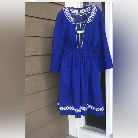 Banana Republic Deep Blue Empire Waist Drawstring & WHite Emdroidery Dress XL - Picture 1 of 15